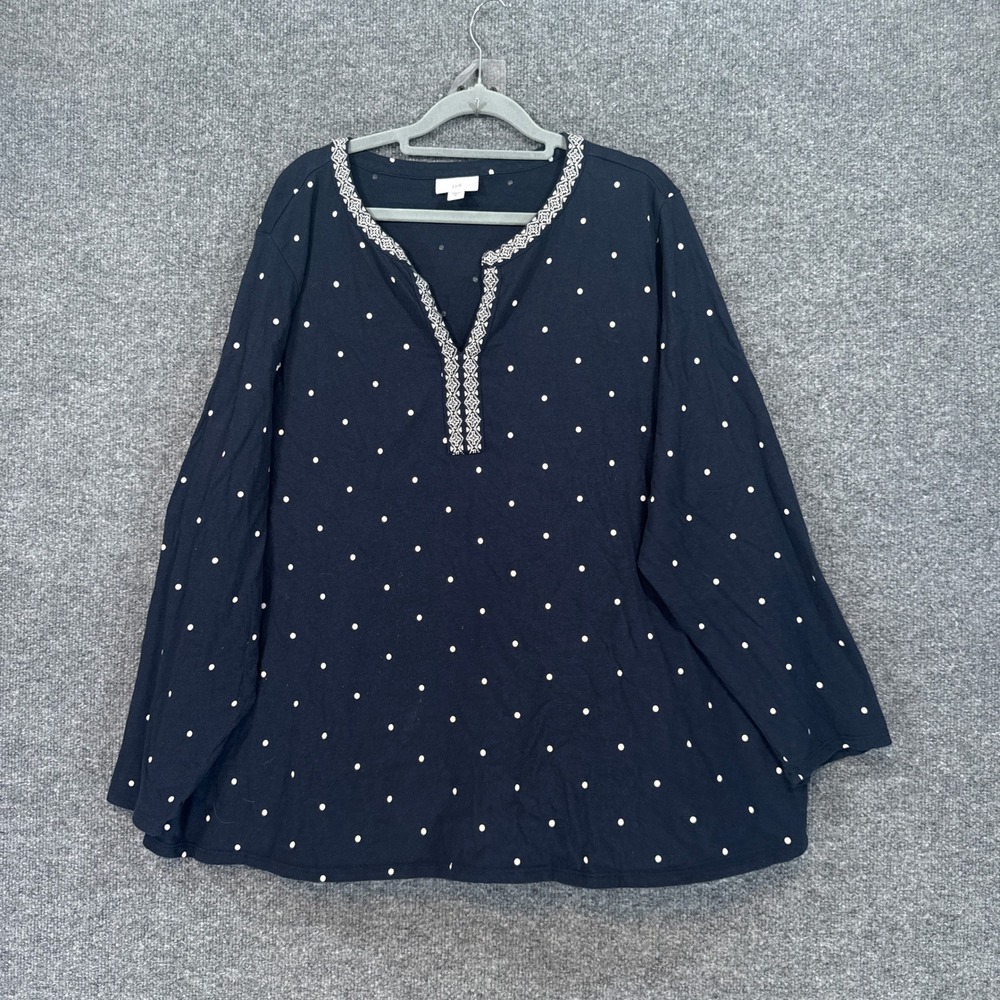 J.Jill Blouse Womens 3X Blue Polka Dot Embroidered Split Neck Shirt Plus Size